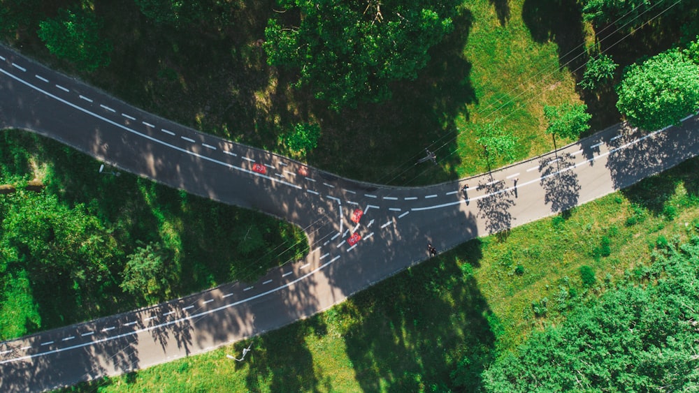 aerial view of gray concrete bridge