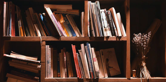 A cozy living room featuring a warm wooden open shelf bookcase filled with books and decorative items.