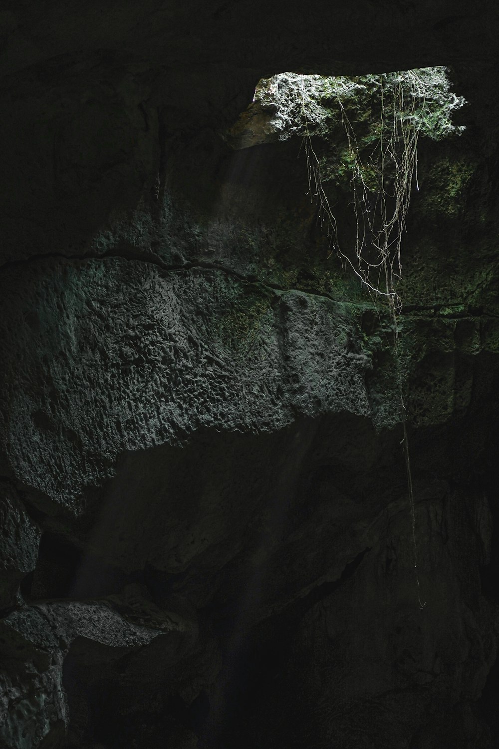 gray and black cave with green moss