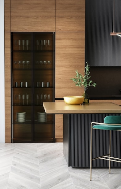 brown wooden cabinet near green and white table