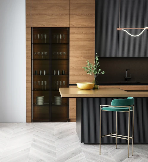 modern kitchen with wood cabinet teal stool