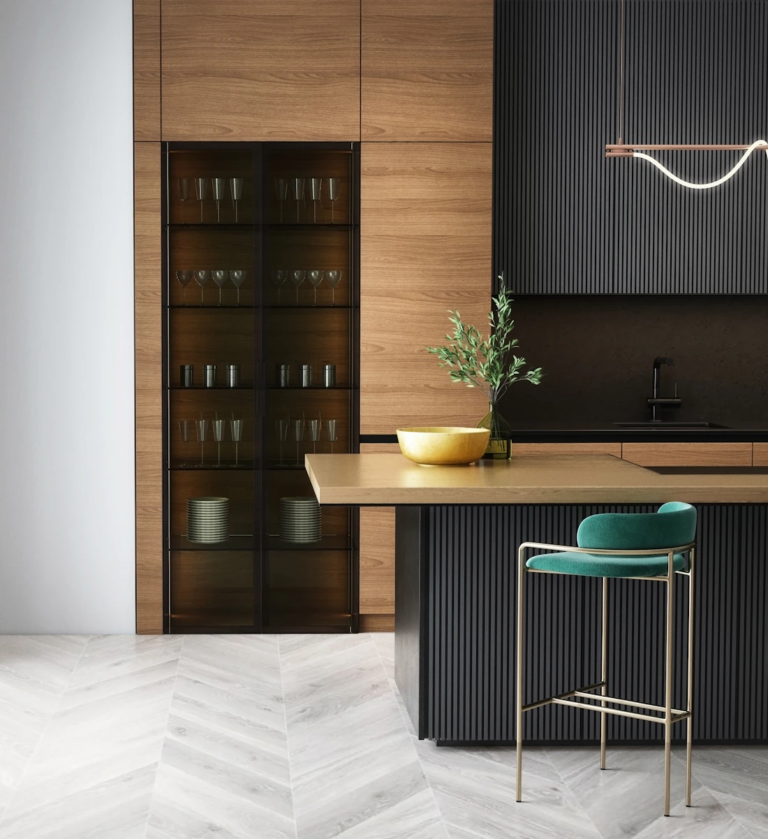 Detalle de ebanistería: frentes de madera con veta continua, vitrina y herrajes de latón