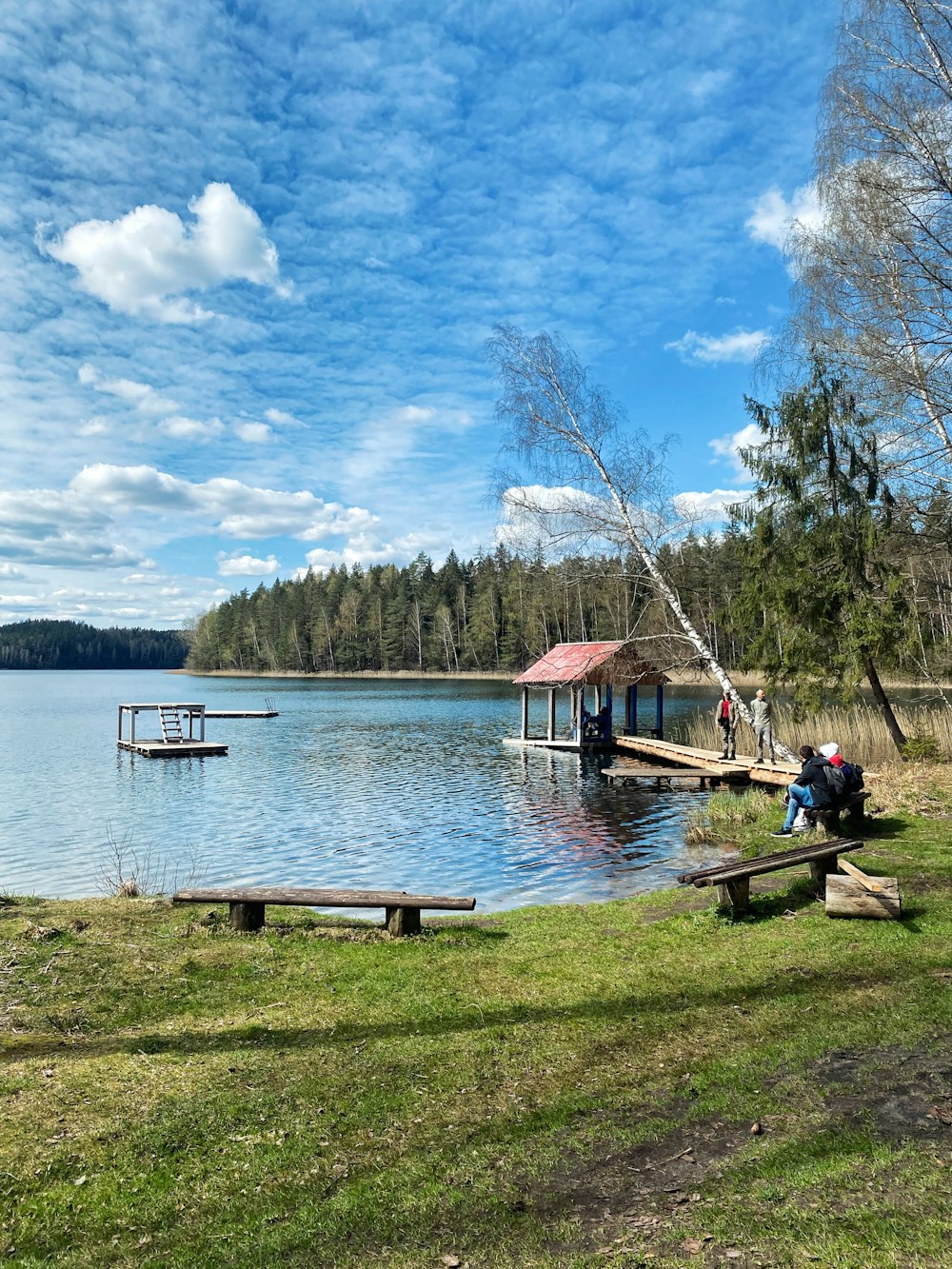man sitting on brown wooden bench near lake during daytime