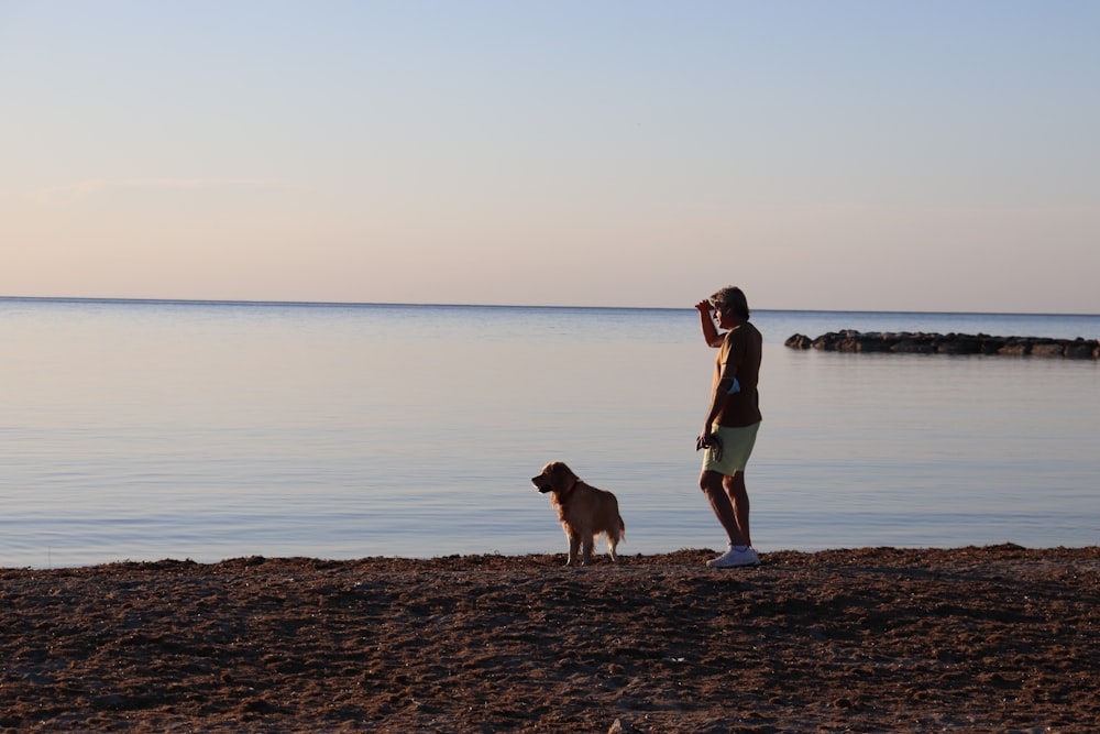 man and woman standing beside dog on beach during daytime