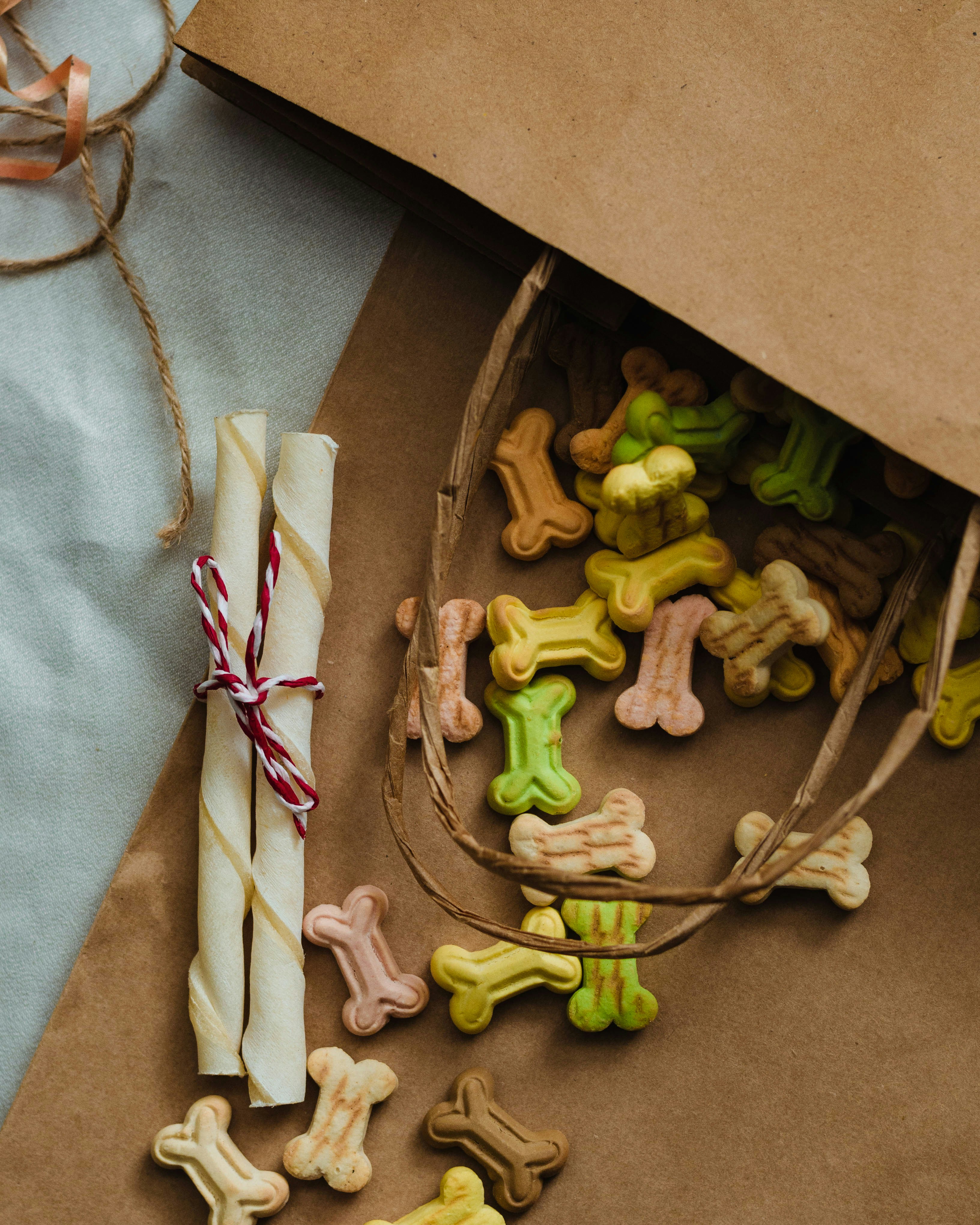 Colorful bone shaped dog biscuits spilling from a brown paper bag.