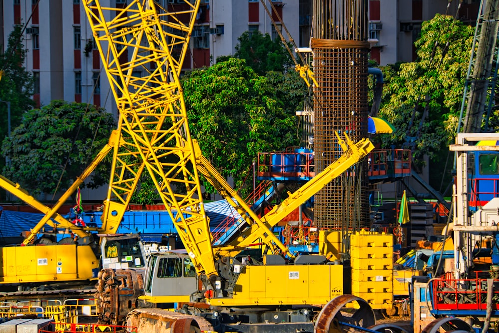 yellow and red crane near green trees during daytime