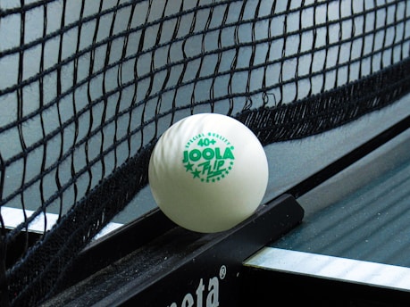 A close-up of a table tennis ball resting against the net on a table tennis table. The ball is branded with the words 'JOOLA 40+ FLIP' in green lettering. The net is tightly woven, and part of the table surface is visible.