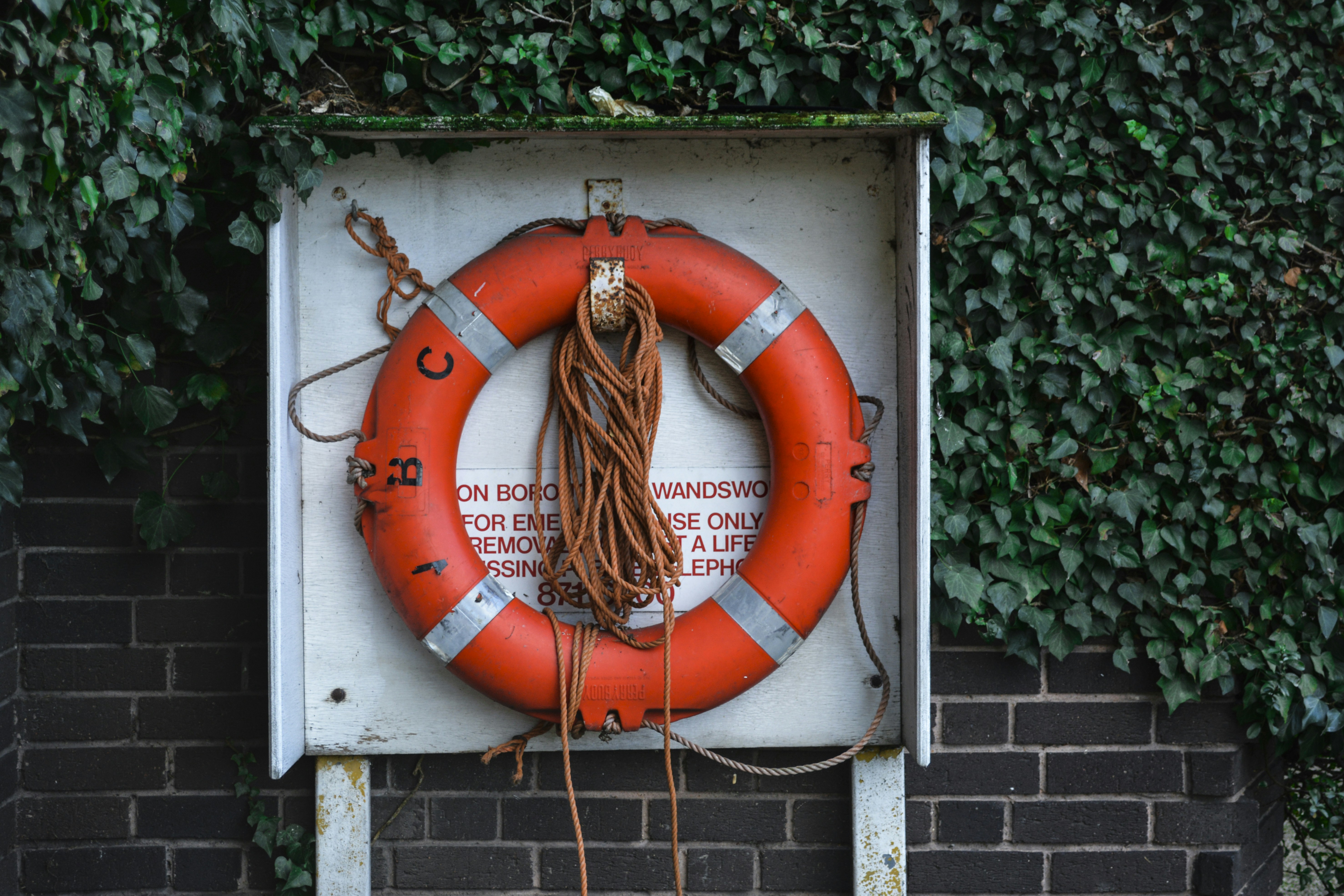 red and white fire hose on white wooden door