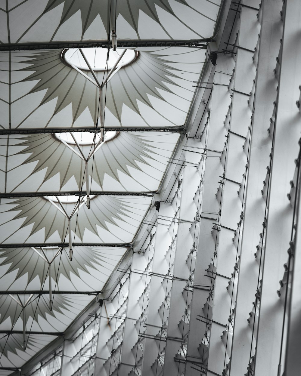 low angle photography of white metal framed glass roof