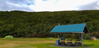 A grassy campsite surrounded by dense, lush green trees under a partly cloudy sky. Two tents are set up on either side, one green and the other orange, with picnic tables nearby. A shelter with a corrugated metal roof stands prominently in the foreground, providing cover for a few stone seats and a bin.