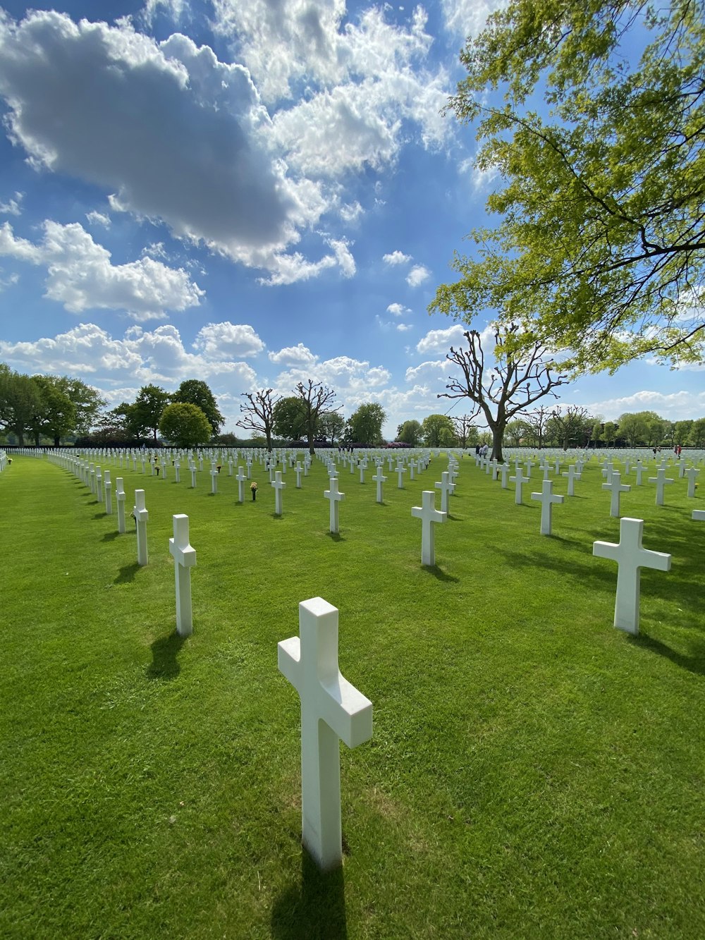 white cross on green grass field under blue and white cloudy sky during daytime