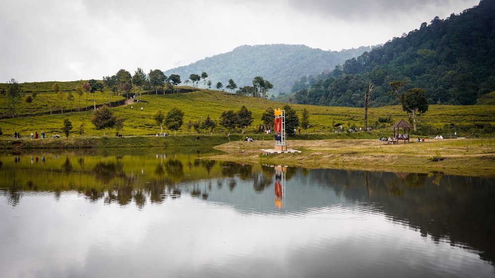 person in red shirt standing on green grass field near lake during daytime