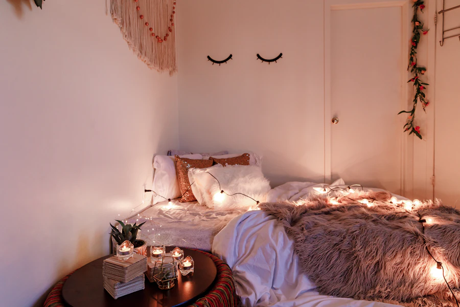Warm bedroom with wooden cabinet