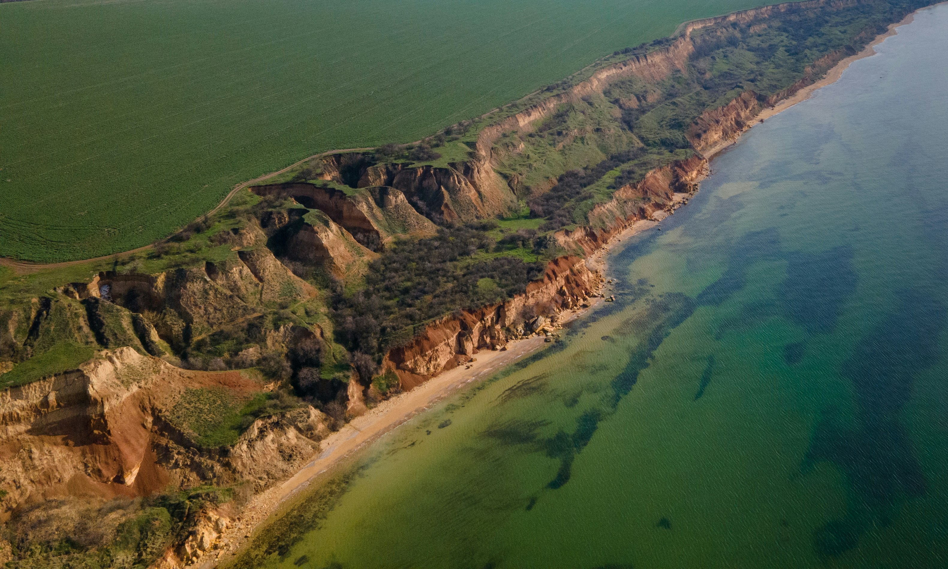 aerial view of green and brown mountains beside body of water during daytime