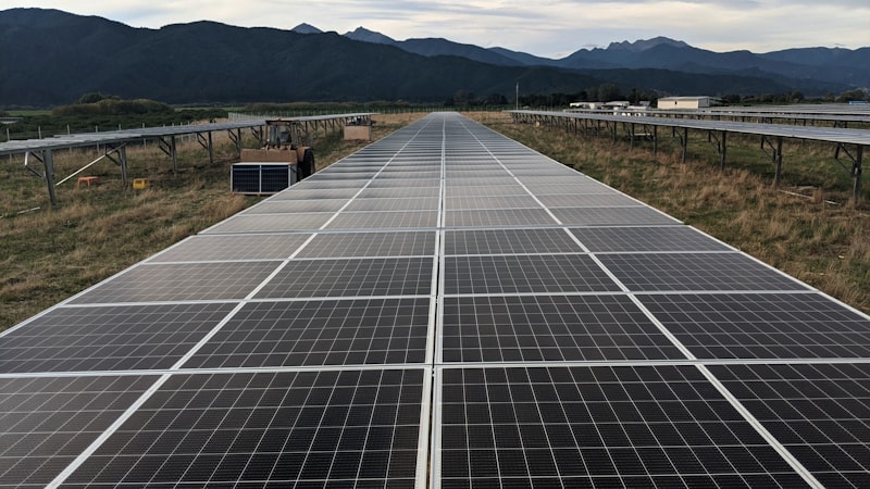 Solarmodule auf einem Feld mit blauem Himmel