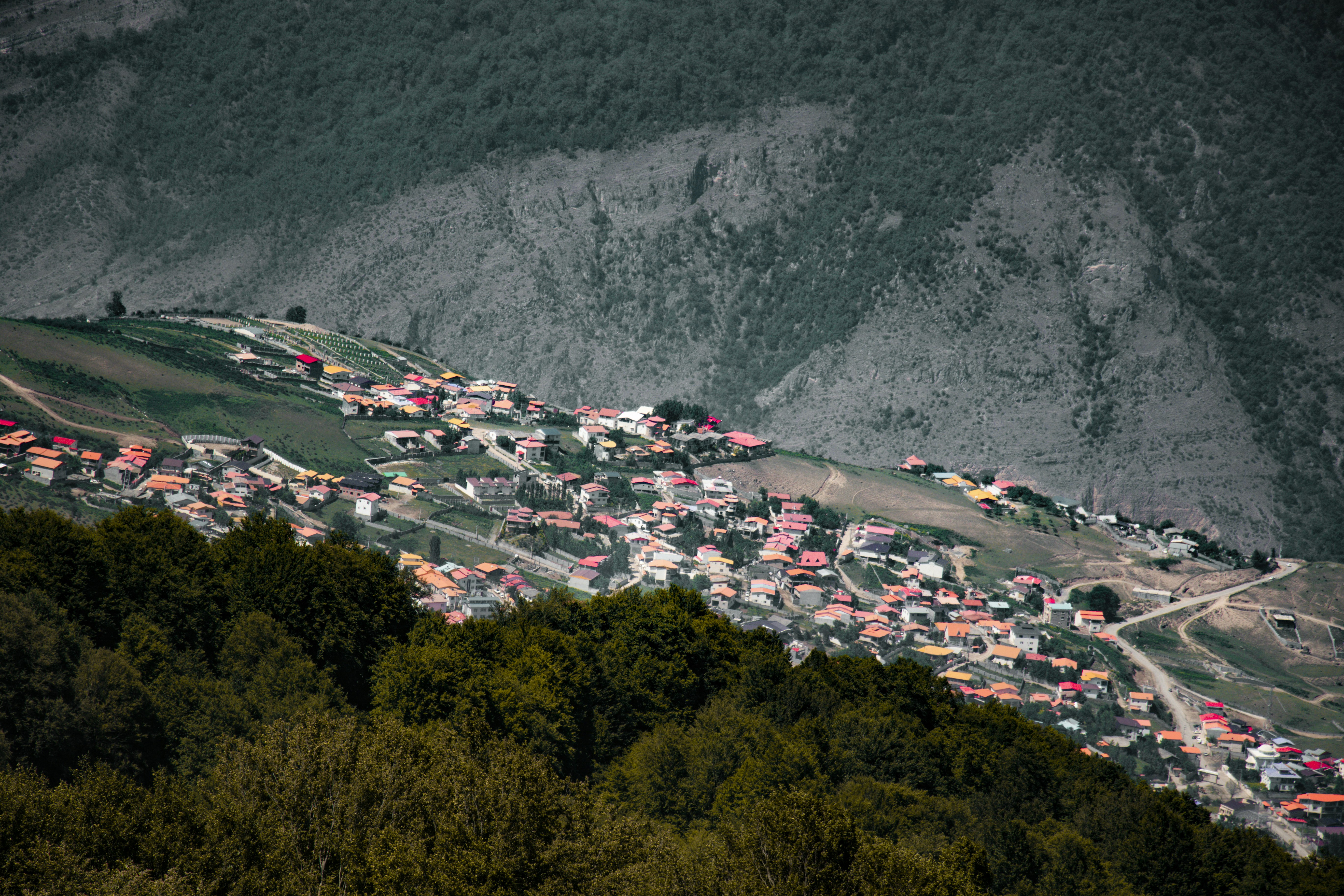 white and gray houses on green grass field near mountain during daytime