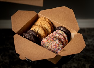 brown and purple bread in brown cardboard box