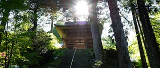 A serene temple entrance bathed in soft sunlight, inviting calm and reflection.