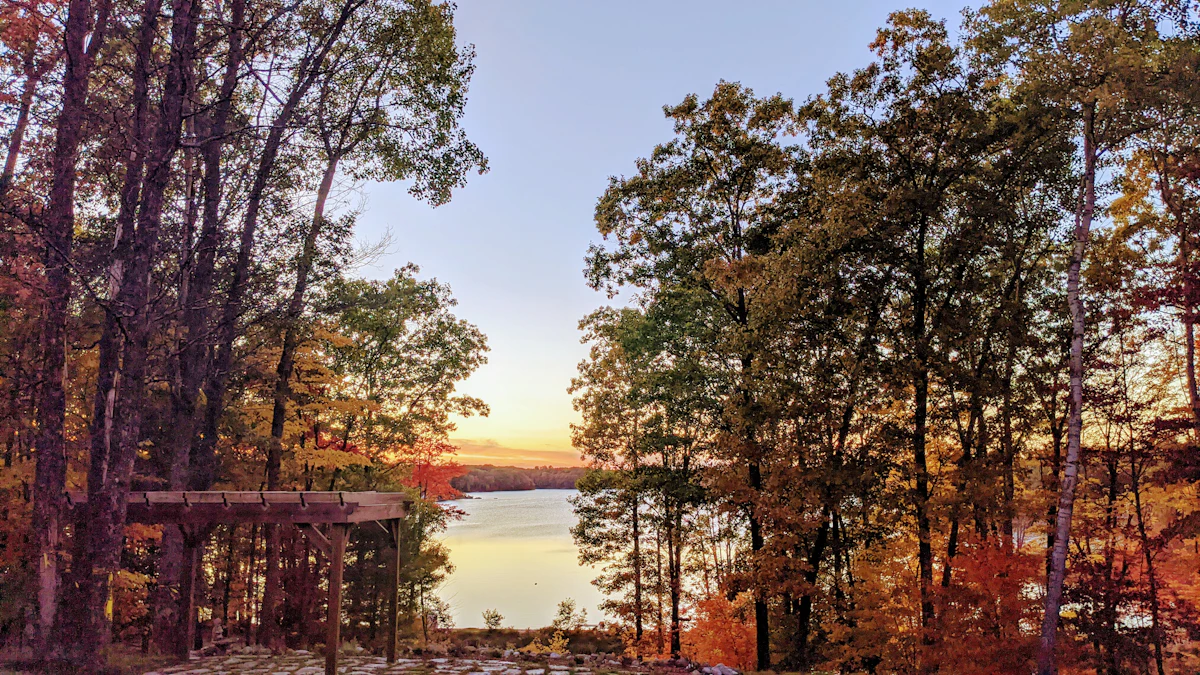 Autumn trees around a lake at sunset in Forest Lakes, Traverse City