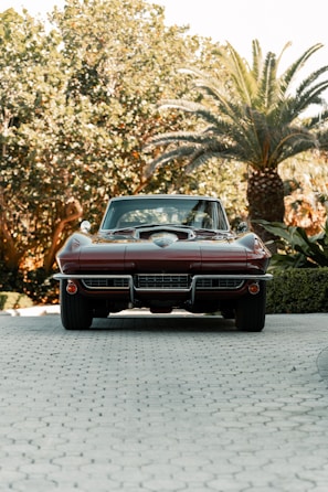 A vibrant red convertible with a gleaming exterior parked beside palm trees on a sunny day.