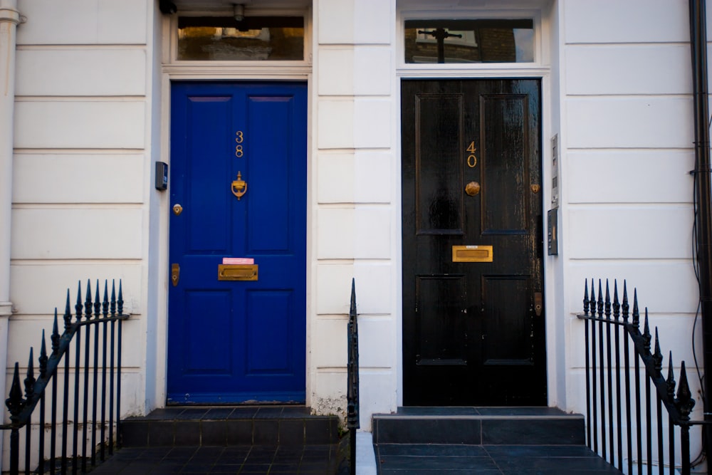 blue wooden door with white wooden frame