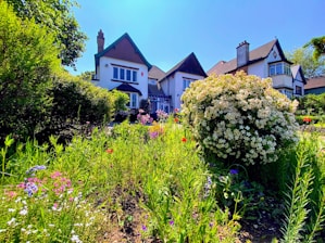 A welcoming residential property with a well-maintained garden and clear blue sky.