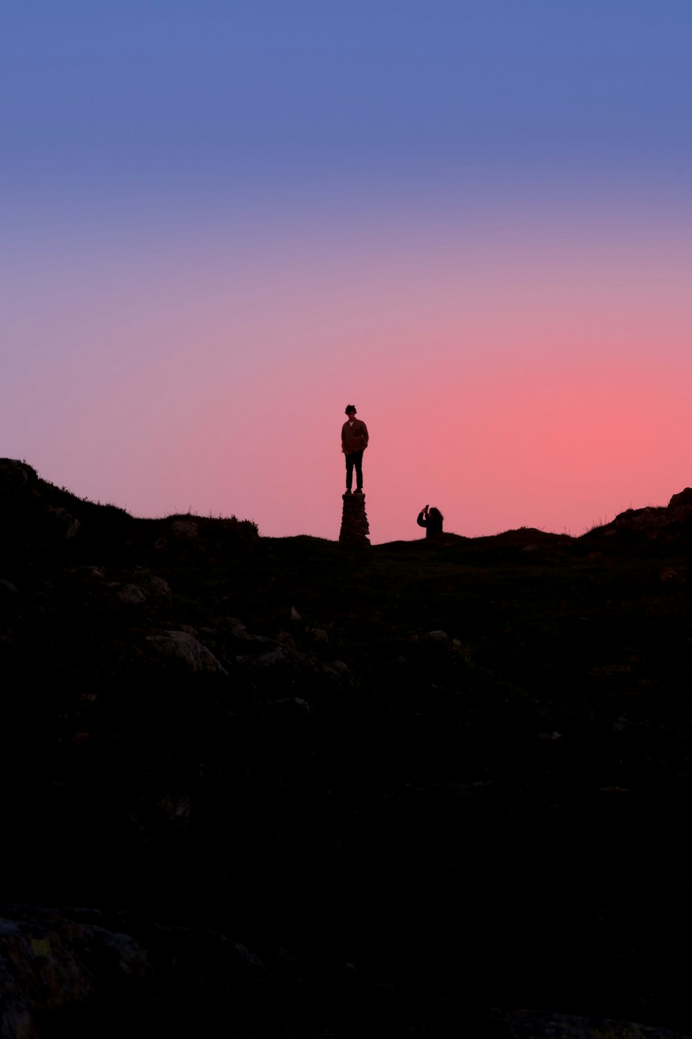a person standing on top of a hill next to a dog