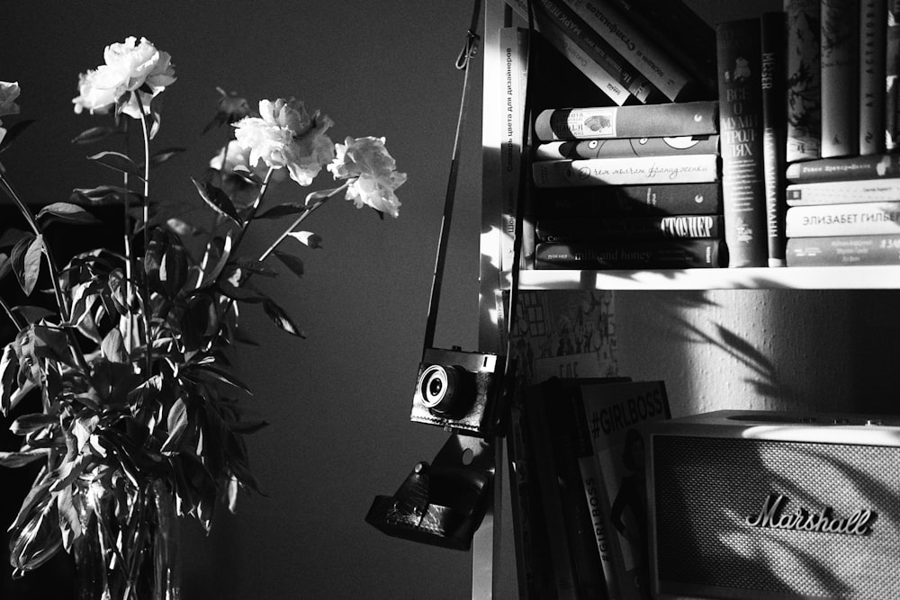 grayscale photo of flower in vase