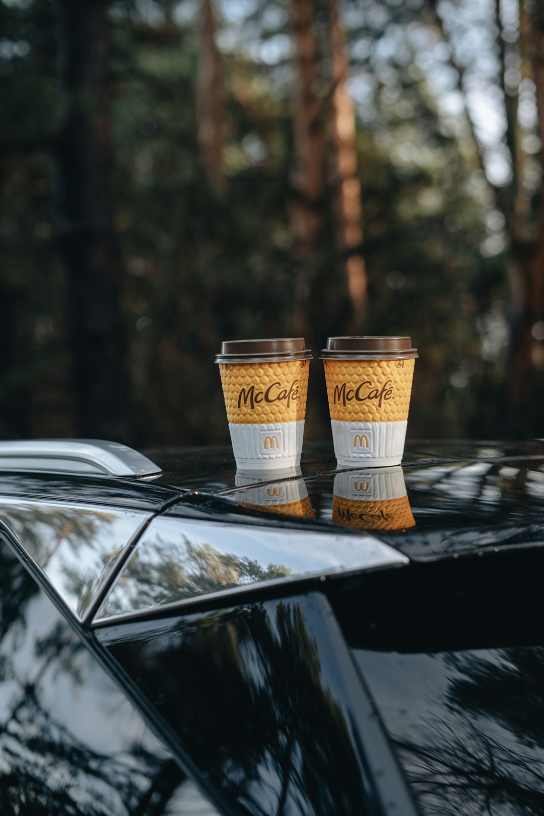two brown and white disposable cups on black car