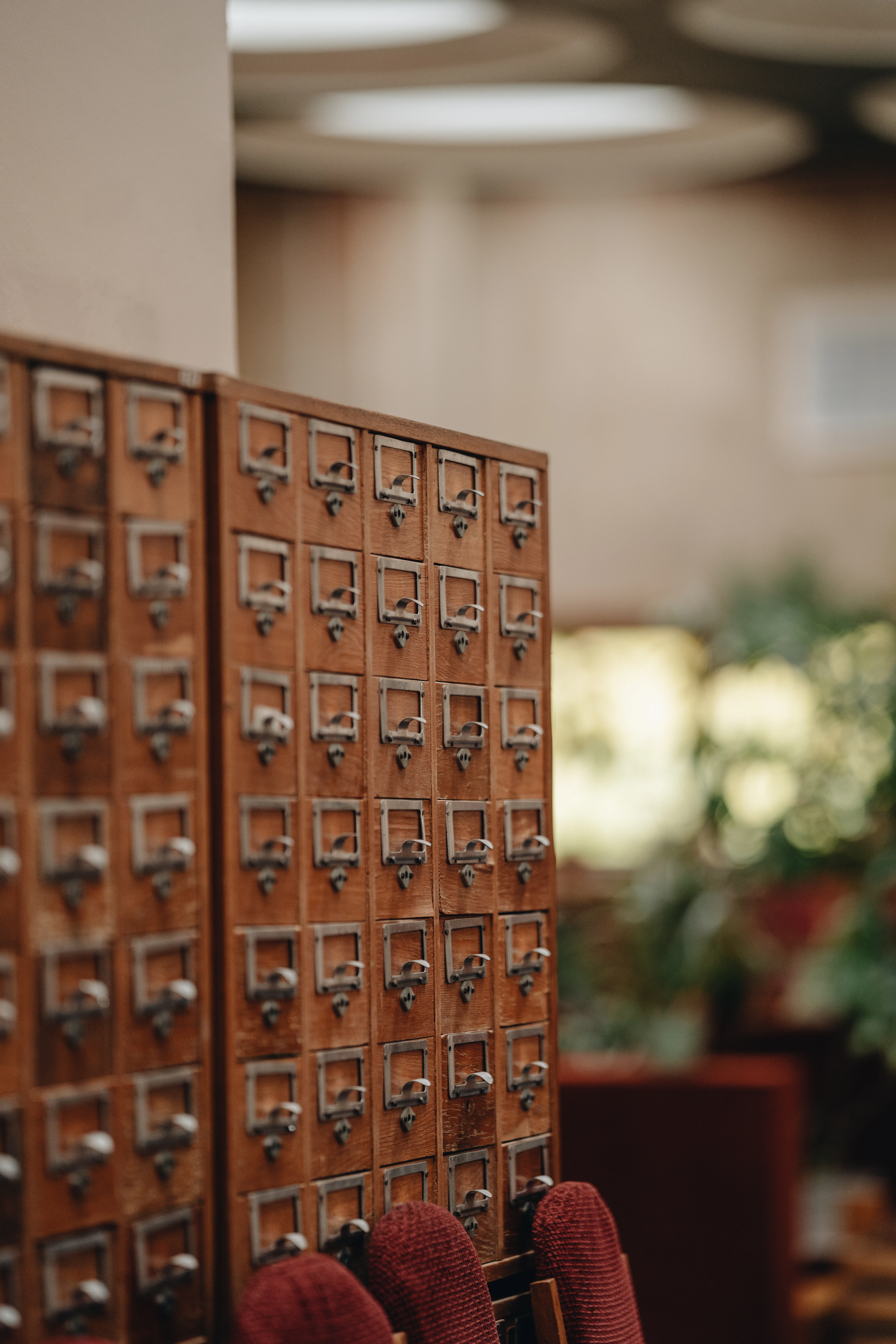 Wooden library card catalogue drawers