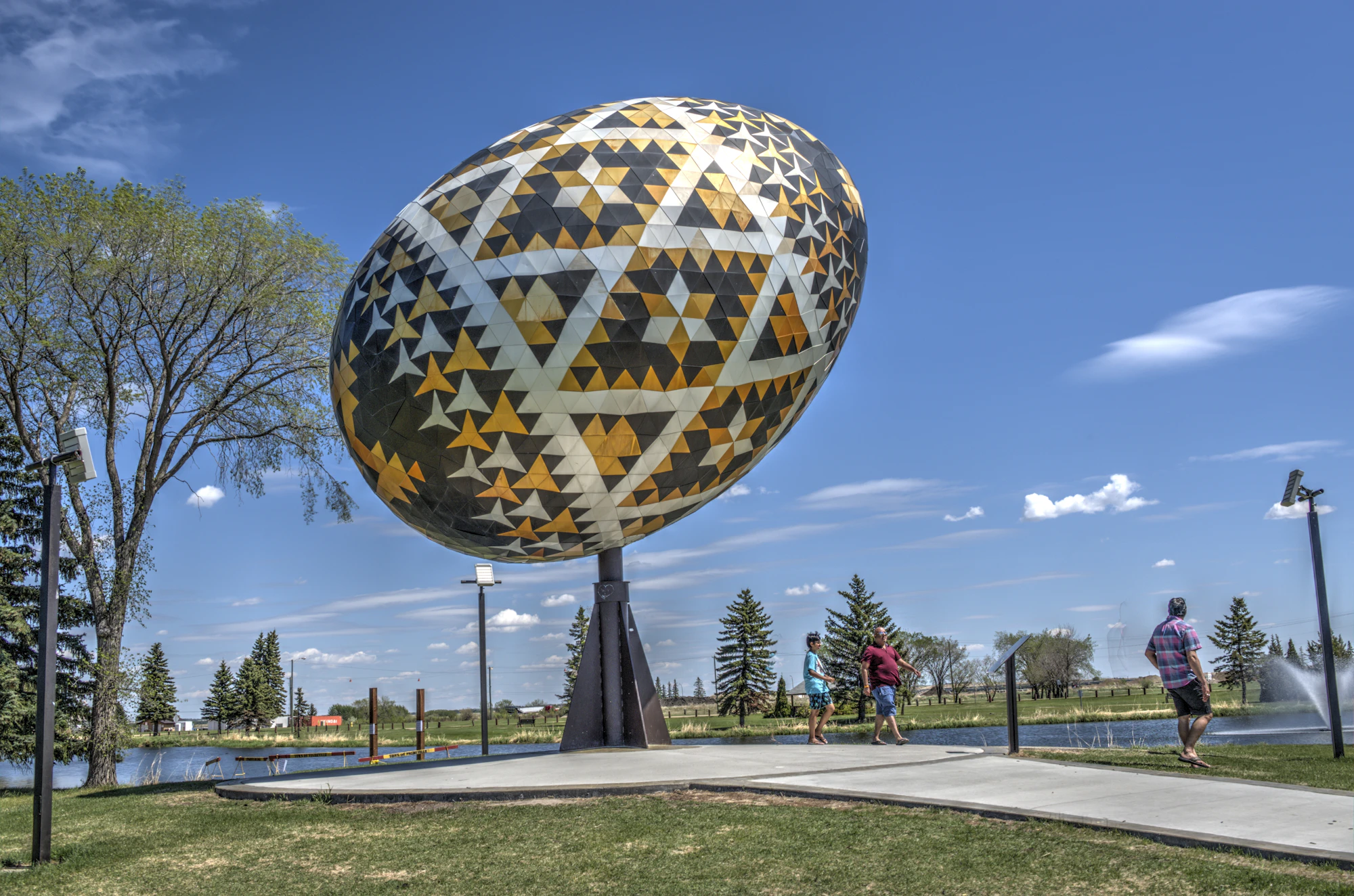 The giant pysanka in Vegreville under a blue sky