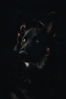 A dark-furred dog with striking eyes is captured in low lighting, giving the image a dramatic feel. The focus highlights the texture of the fur and the deep, soulful expression of the dog.