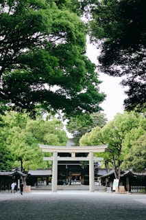 A Shinto shrine entrance with a prominent torii gate is surrounded by lush green trees. The architecture features traditional wooden structures with a peaceful and serene atmosphere.