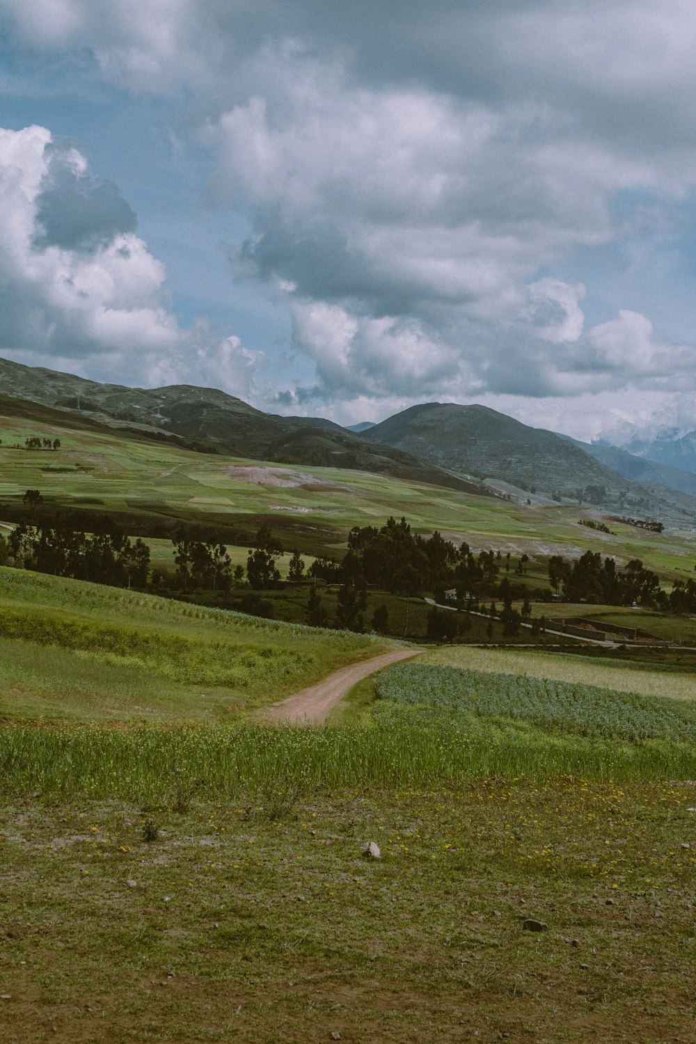 a dirt road going through a lush green valley