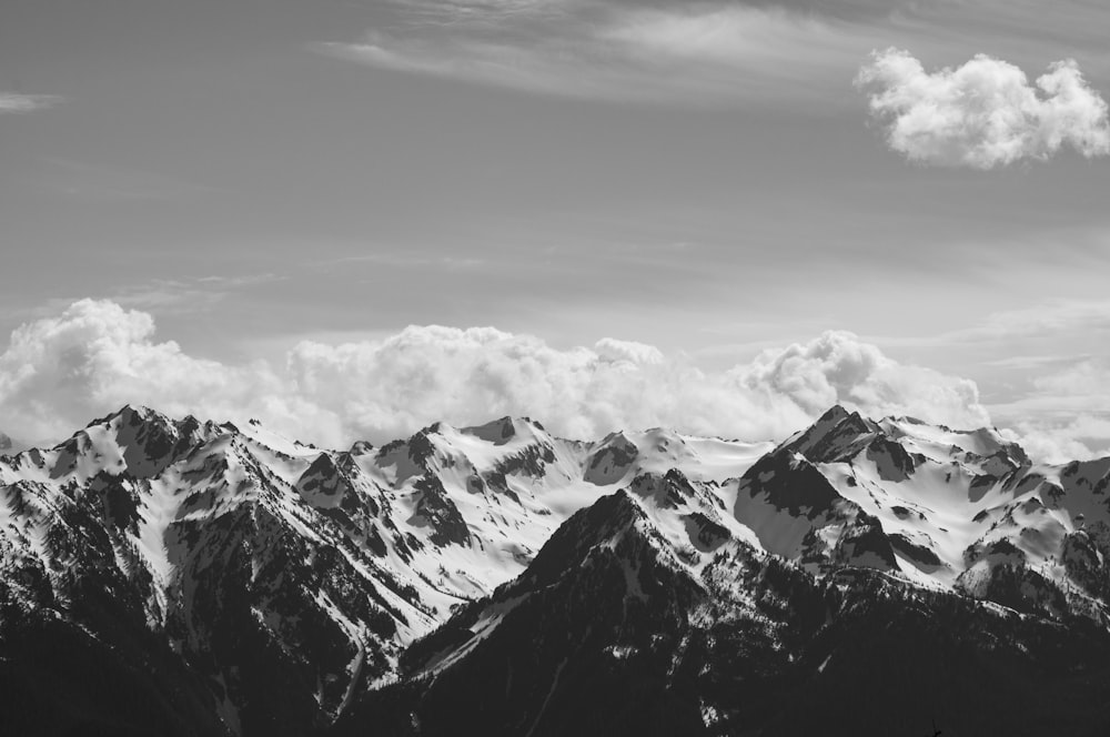 grayscale photo of snow covered mountain