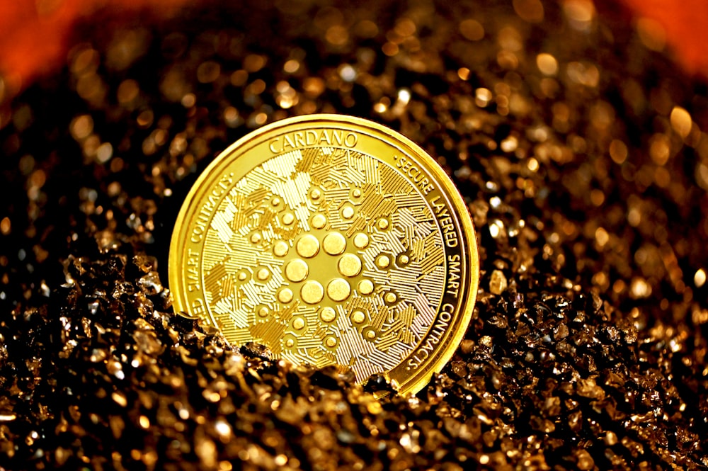 gold round coin on black surface
