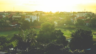 A serene community park bathed in warm golden light, surrounded by modern homes.