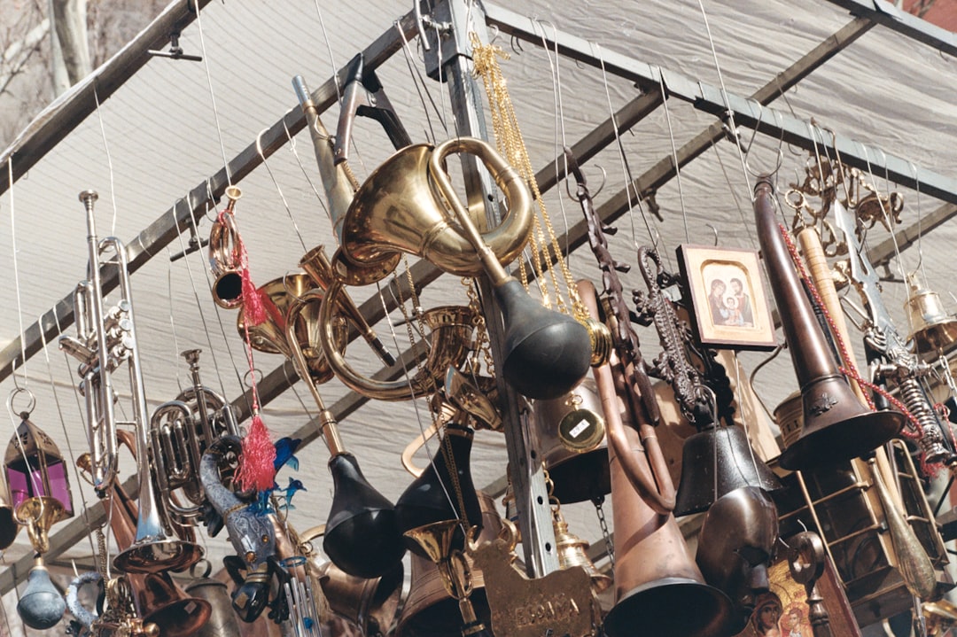 brass and black metal wind chime,