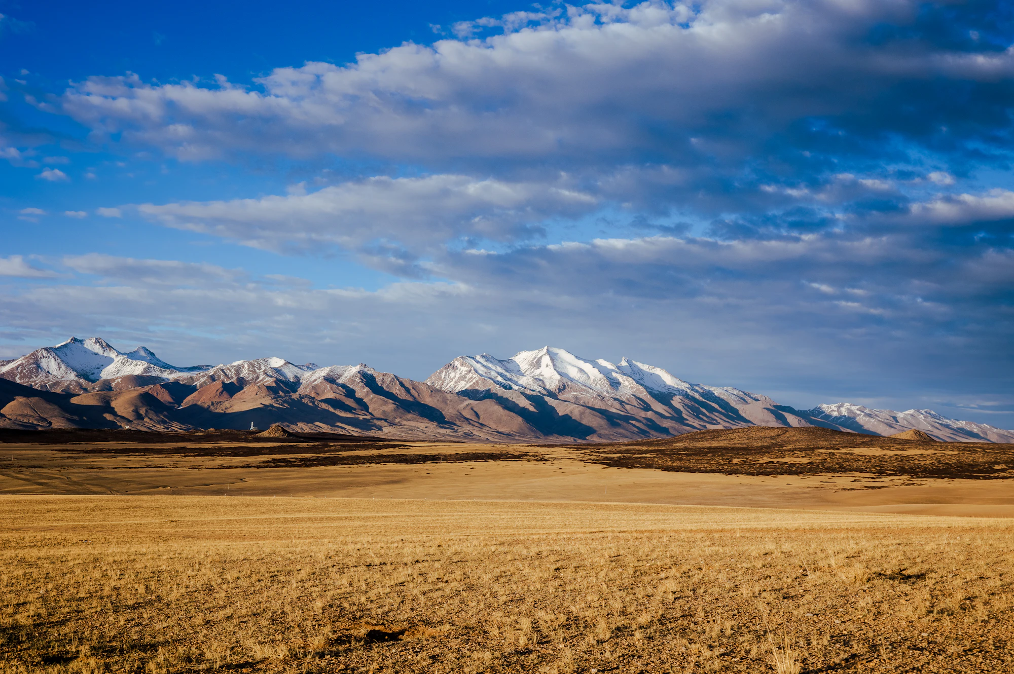 Brown fields beneath snow-covered mountains under a wide, cloudy sky