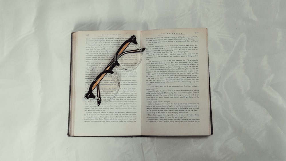 black framed eyeglasses on book page