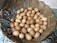 Close-up of a rustic basket filled with assorted colorful eggs on a wooden table.