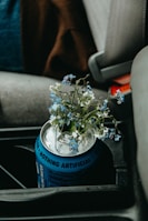 white flowers in blue can