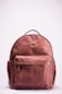 brown leather backpack on white surface