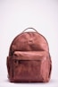 brown leather backpack on white surface