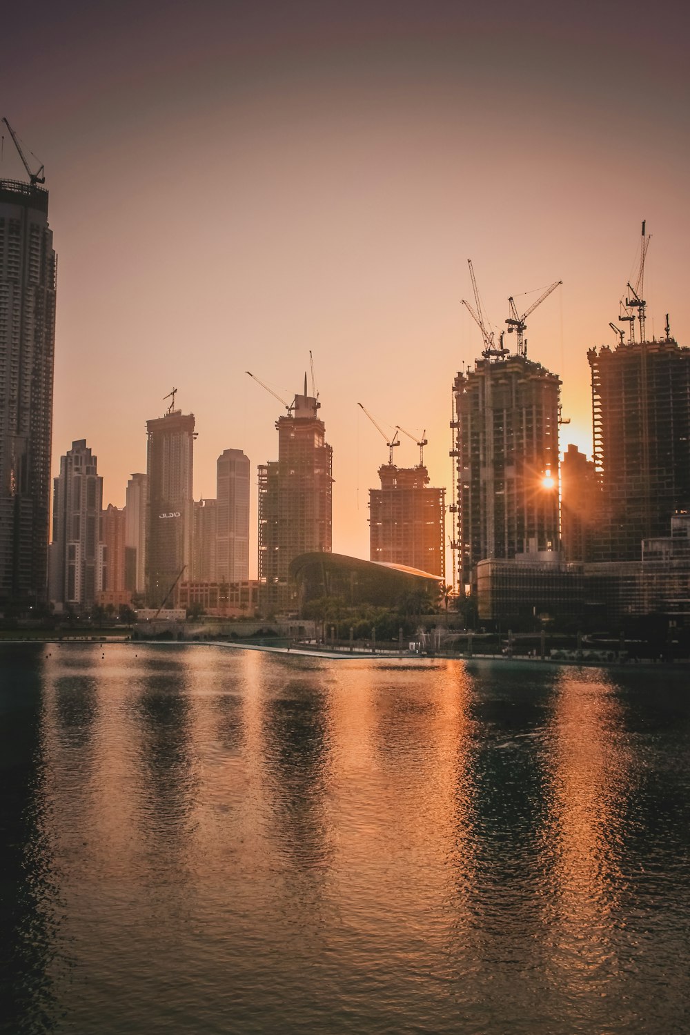 city skyline during night time