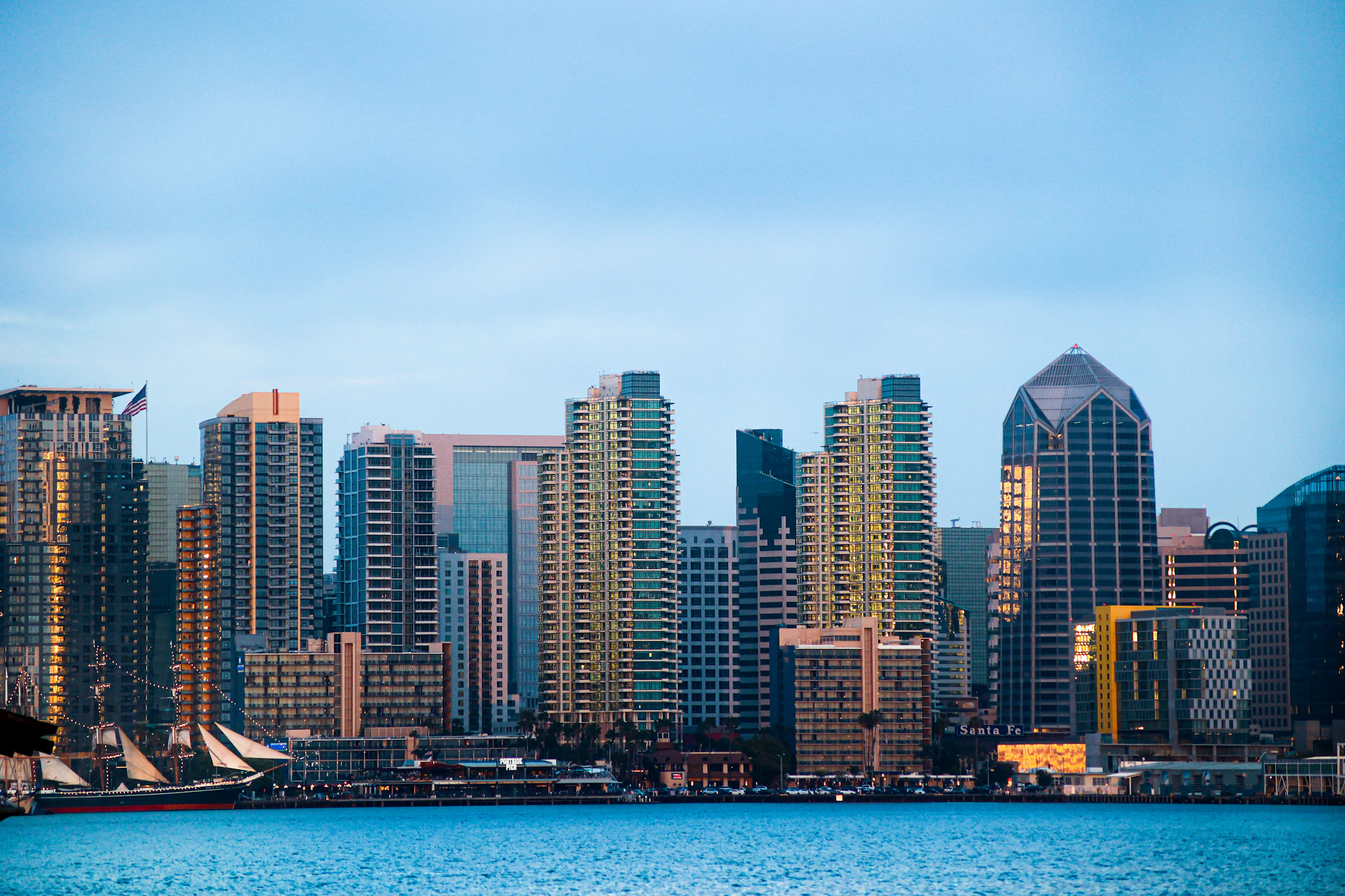 Panoramic view of the San Diego waterfront skyline with buildings along the bay