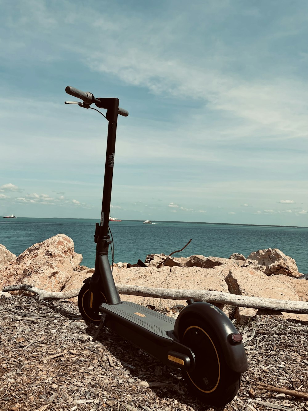 black and red bicycle on brown rock near body of water during daytime