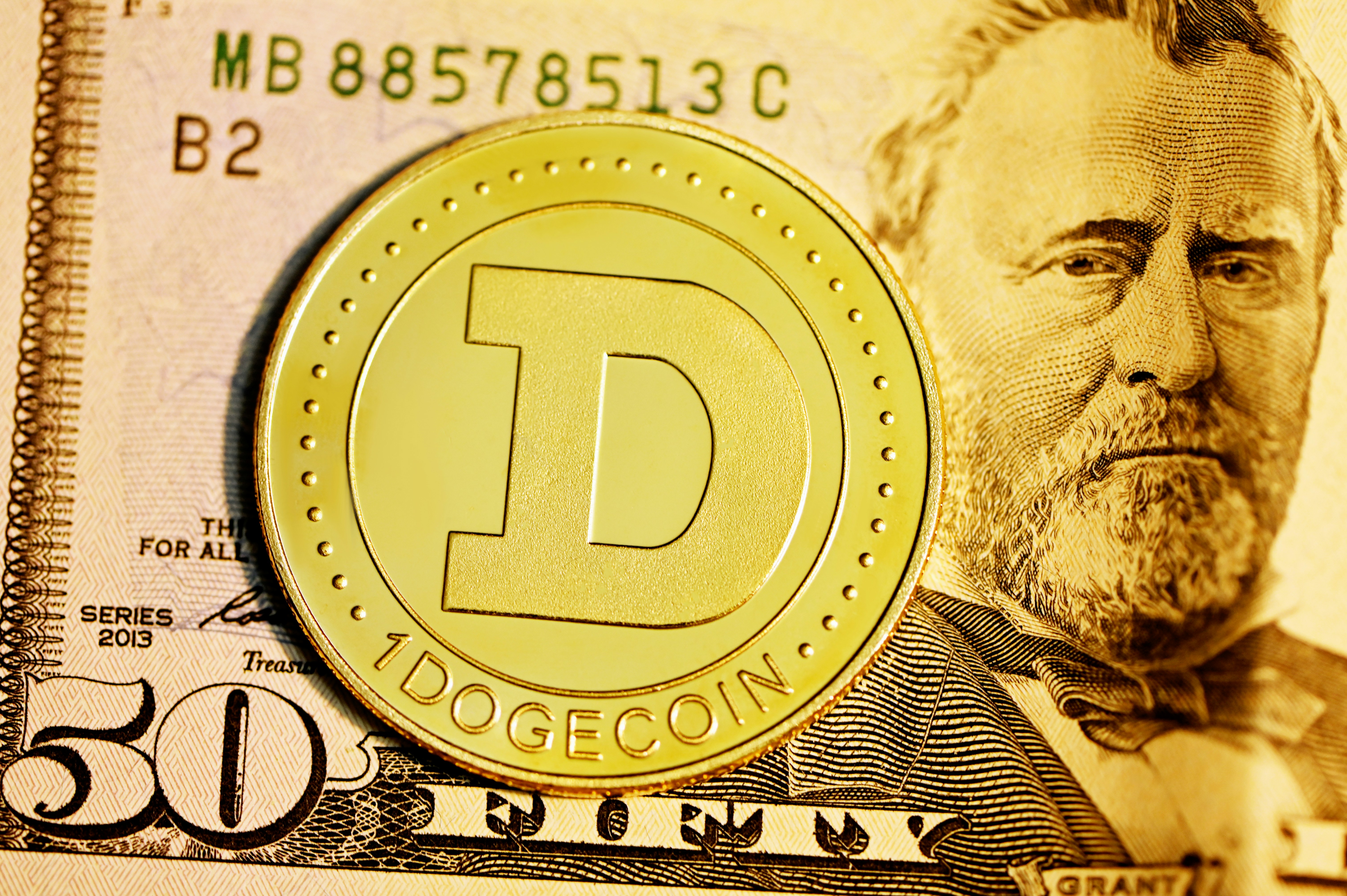 A single Dogecoin on a $50 bill.
