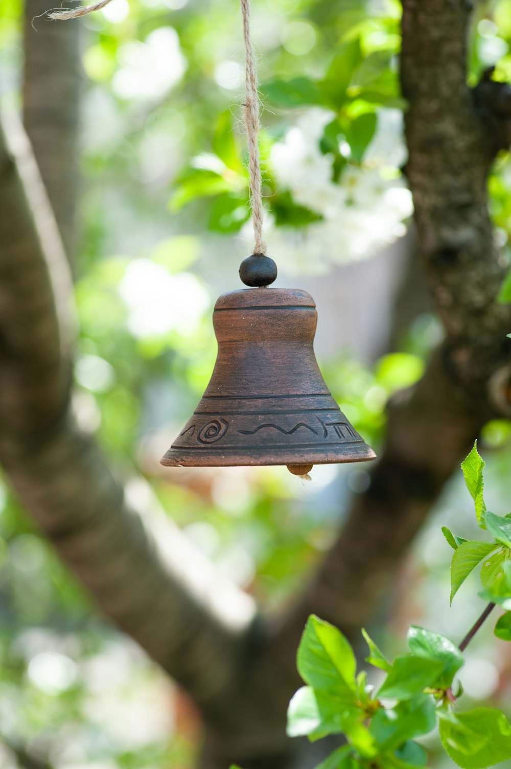 cloche en bois brun accrochée à un arbre pendant la journée