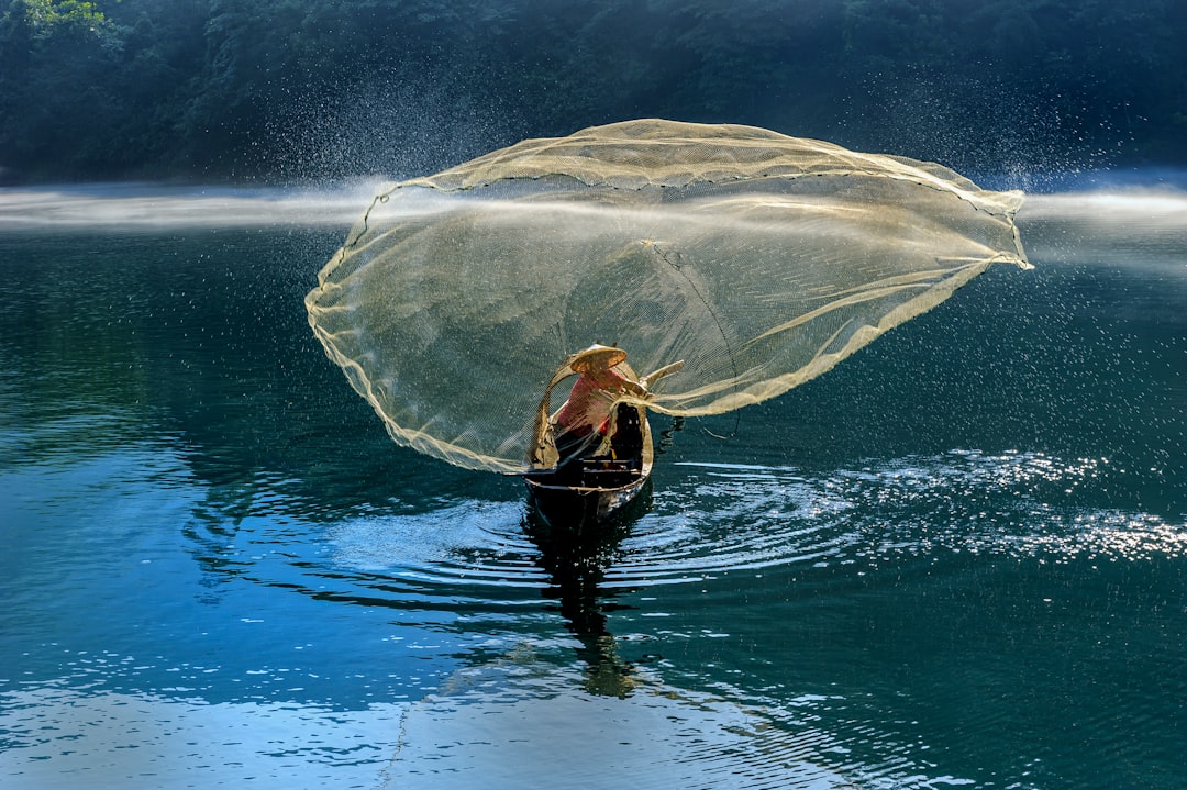 person in black wet suit holding white textile